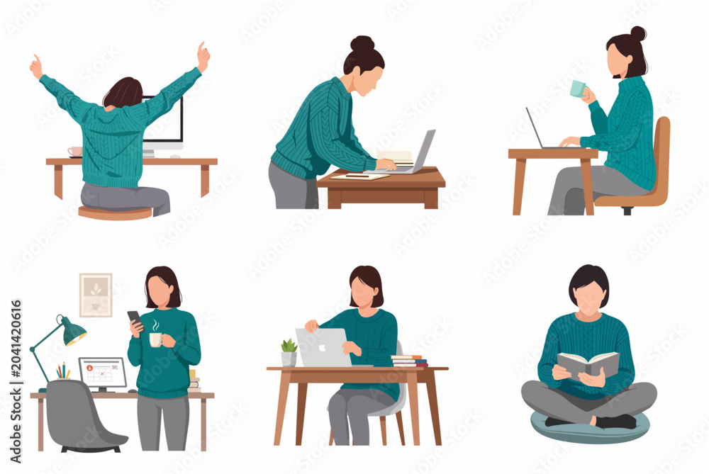Fototapeta premium Woman working from home flat vector illustration set, female character in various poses for remote work, study, and daily routine concept