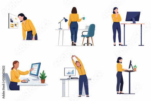 Professional Businesswoman in Various Office Work Scenarios and Healthy Habits Vector Illustration Set