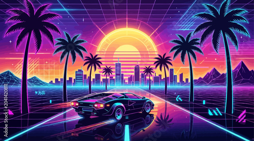 Canvastavla Electrifying Synthwave Journey A Sleek Sports Car Speeds Down a Neon Grid Road T