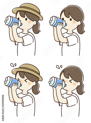 ペットボトルで水分補給をする女性のイラスト