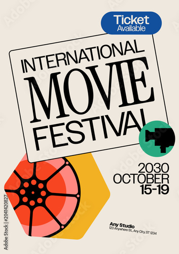 Retro modern movie and film festival poster template design for cinema event, media advertisement. Decorated with bold typography and stylized film reel and camera icon