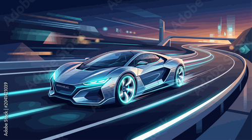 Tableau sur toile Dynamic futuristic sports car with vibrant neon lights accelerating on a modern