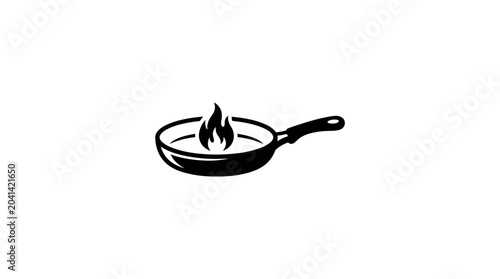 Black frying pan with flame.