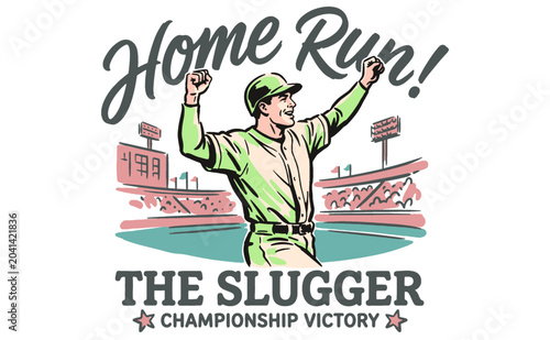 Vintage baseball home run slugger illustration. Retro championship victory graphic for t-shirt print, poster, and sticker design. Sports club art.