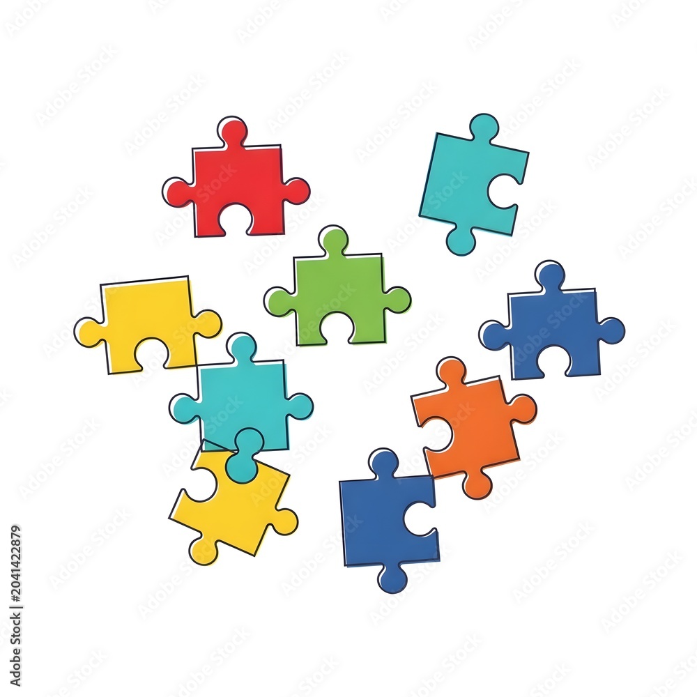 Naklejka premium Colorful jigsaw puzzle pieces scattered on a flat surface