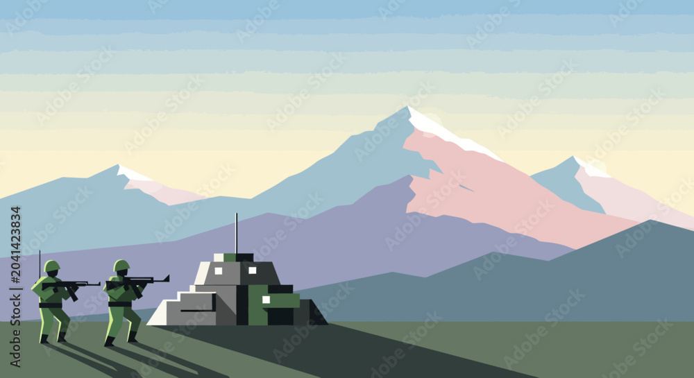 Fototapeta premium Abstract illustration of soldiers and mountain landscape