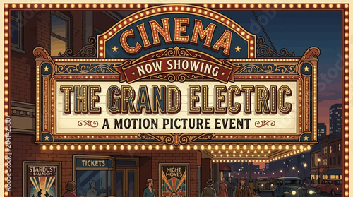 Tableau sur toile The Grand Electric A Motion Picture Event Vintage Cinema Theater Marquee With Li