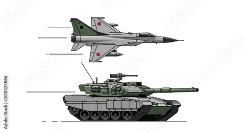 Air combat and ground assault: Jet fighter and battle tank.