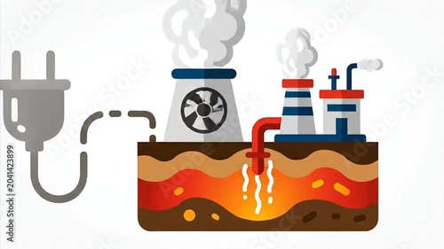 Geothermal Power Plant Illustration Showing Energy Extraction from Earths Core.