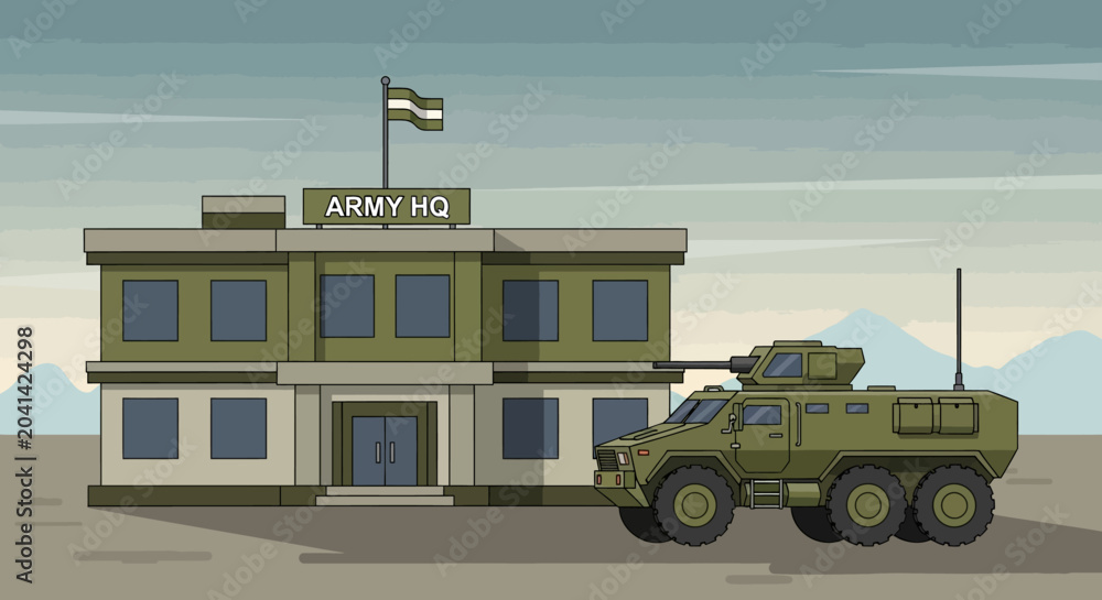 Fototapeta premium Army HQ and Armored Vehicle Illustration, Military Base Concept