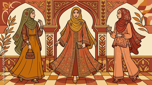 Elegant women in traditional attire amidst ornate decor