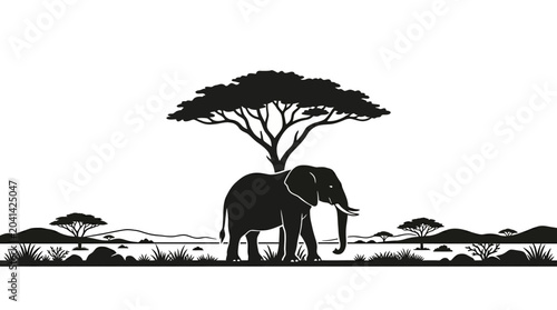 Photography Elephant silhouette under a tree in a serene landscape