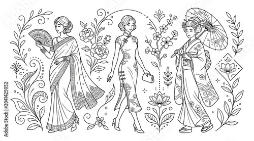 Elegant women in traditional attire surrounded by floral designs