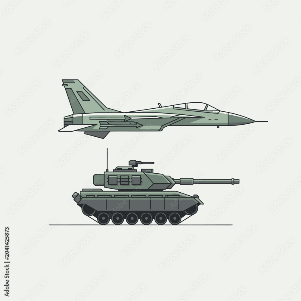 Fototapeta premium Military Aircraft and Tank Vector Illustration - Modern Warfare Equipment Icons