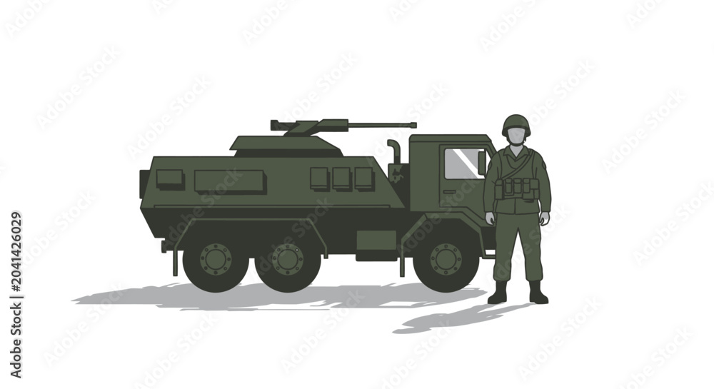 Fototapeta premium Military Armored Truck and Soldier Vector Illustration
