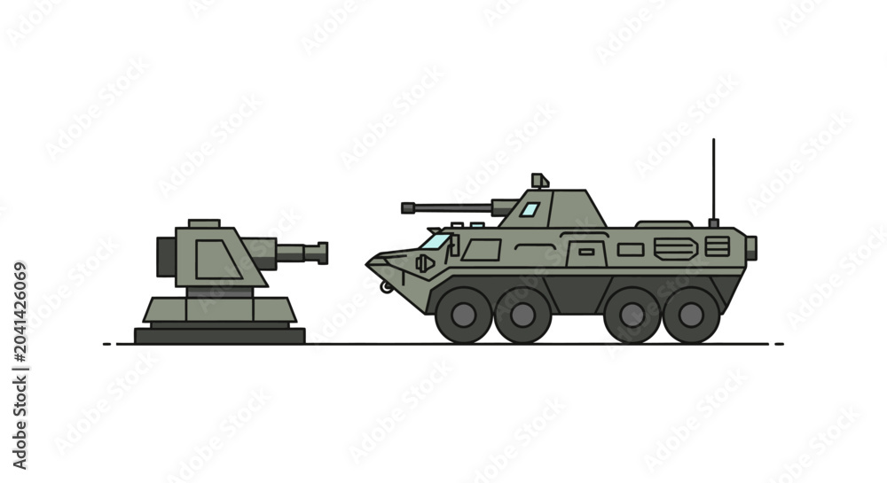 Obraz premium Military Armored Vehicle And Artillery Gun Vector Illustration