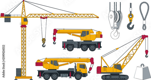Quadro su tela Heavy Duty Construction Crane Machinery Set featuring Tower Crane Mobile Truck C