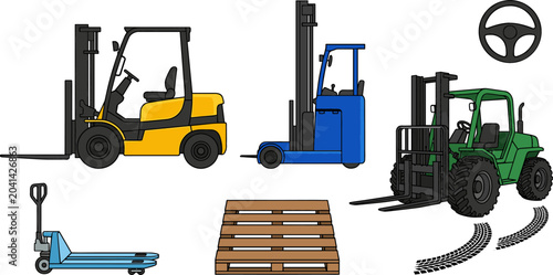 Fotografía Industrial Warehouse Forklift Vector Machinery Set Featuring Yellow Counterbalan