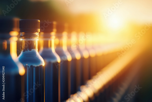 Row of dark liquid in clear bottles under the golden light of dusk, suggesting purity and quality of production or processing