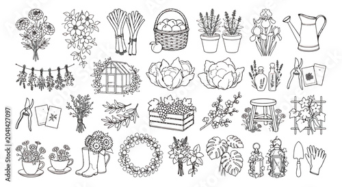 Foto Hand drawn gardening icons set, rustic garden tool illustrations, botanical line