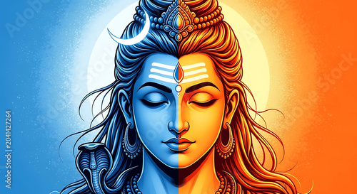 Lord shiva halfface portrait with dual blue and orange tones
