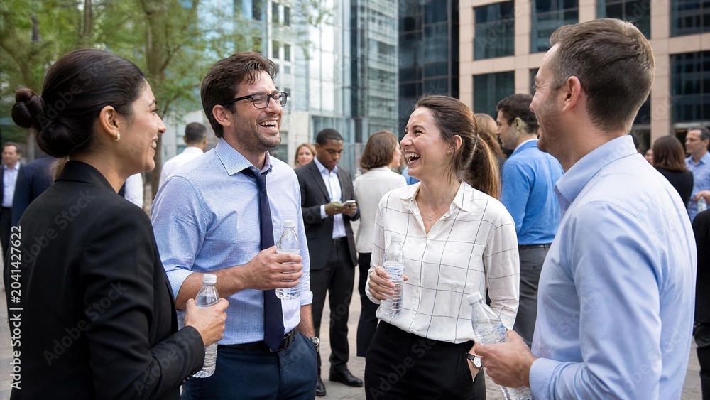 Fototapeta premium Diverse Business People Laughing and Networking Outdoors in City Plaza