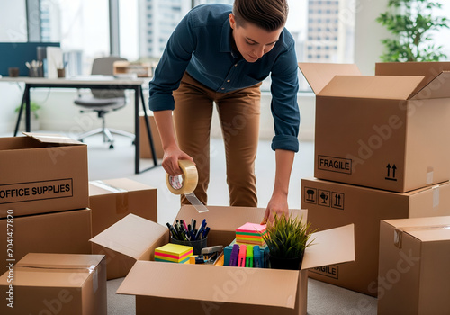 Caucasian female adult packing office supplies in cardboard boxes for office move