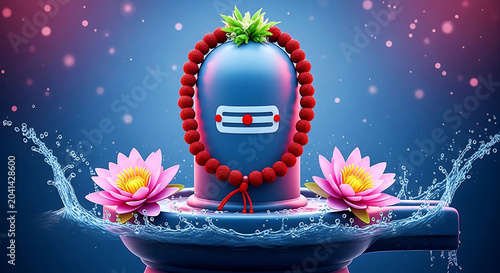 Shiva lingam with rudraksha mala and lotus flowers in water splash