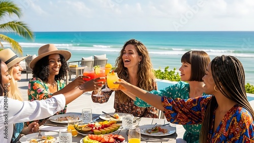 Group of friends enjoying a tropical vacation with cocktails and food by the ocean.