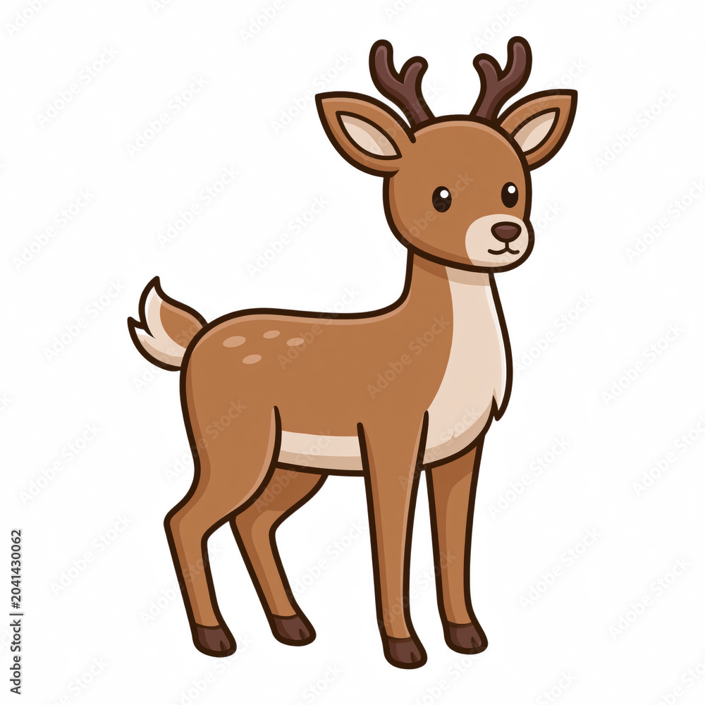 Obraz premium Cute Cartoon Deer with Antlers Standing Isolated on Black Background