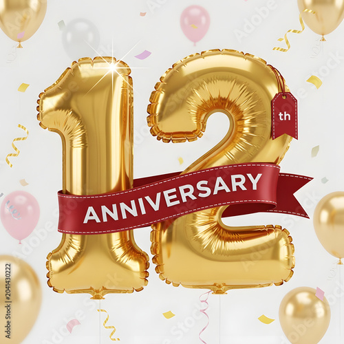 Golden 12th Anniversary Celebration with Balloons and Ribbons - A Milestone Event