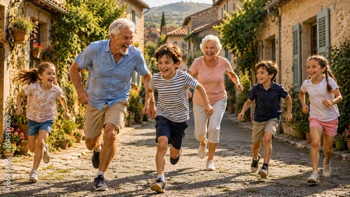 Happy Grandparents Running  with Grandchildren 
