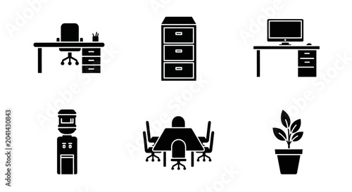 Office Icon Set: Desk, Computer, Filing Cabinet, Water Cooler, Meeting Table, Plant