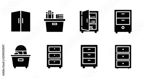 Office Furniture Icons Set: Cabinets, Desks, Filing Drawers, Storage Units