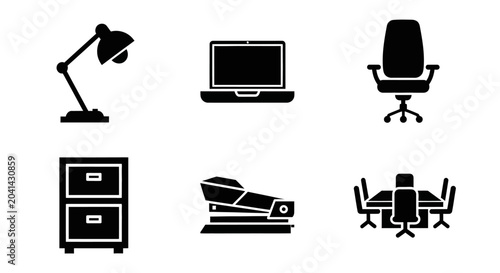 Office Icons Set: Desk Lamp, Laptop, Chair, Filing Cabinet, Stapler, Meeting Table
