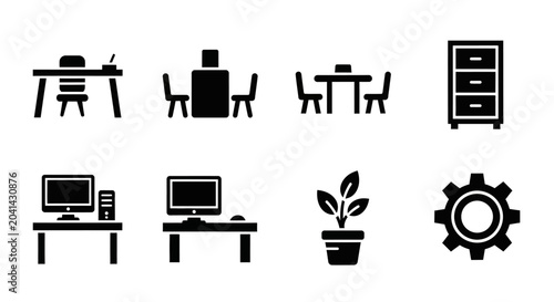 Office Icons Set: Desk, Computer, Meeting Table, Filing Cabinet, Plant, Gear