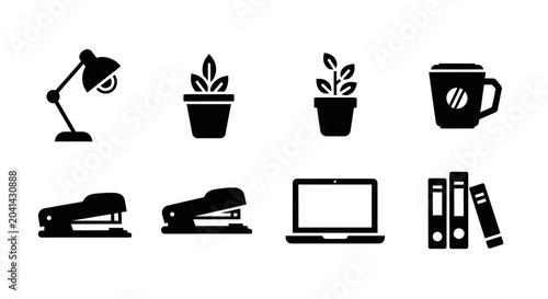 Office Icons Set: Lamp, Plants, Coffee, Staplers, Laptop, Books