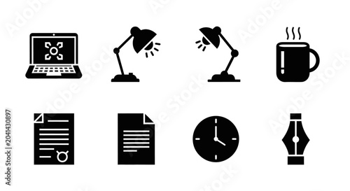 Office Icons Set: Laptop, Lamps, Coffee, Document, Clock, Pen Nib