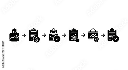 Business Process Workflow Icons: Analysis, Finance, Tasks, Reporting, Success
