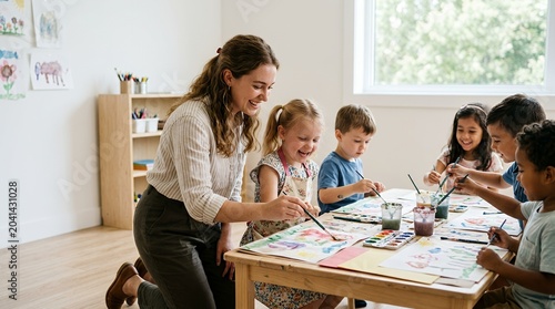A smiling female teacher helps a group of diverse young children paint colorful pictures at a table in a bright classroom.