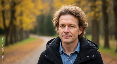 Man standing naturally in autumn park with yellow trees looking at camera