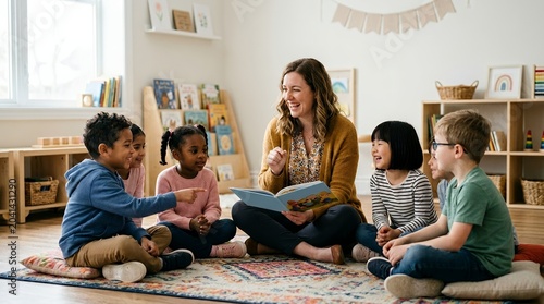 A smiling female teacher reads a storybook to a diverse group of happy young children sitting on a rug in a bright classroom.