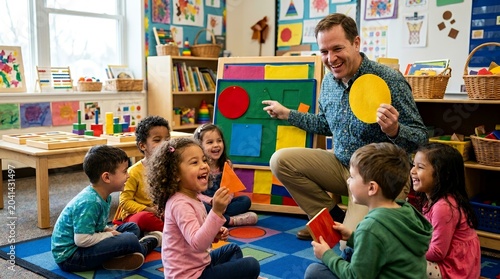 A male teacher engaging a diverse group of happy preschool children in a colorful classroom, teaching them about shapes using a felt board and large cutouts.
