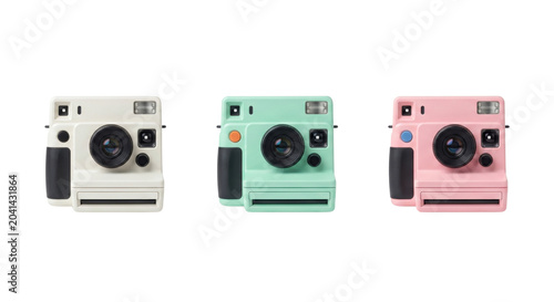 Retro instant film cameras in pastel colors, isolated on transparent background