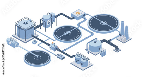 Tableau sur toile Isometric wastewater treatment plant with purification process.