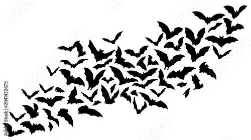 Foto Flock of bats flying across a moonlit sky silhouette