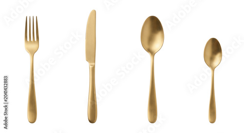 Schilderij op canvas Elegant gold flatware cutlery set, isolated on transparent background