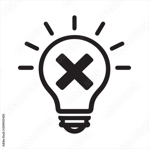 Light Bulb with X Mark Icon Symbolizing Wrong Idea, Failure or Negative Thinking Concept

