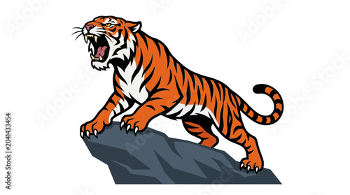Photos Fierce tiger roaring atop rocky terrain in wilderness