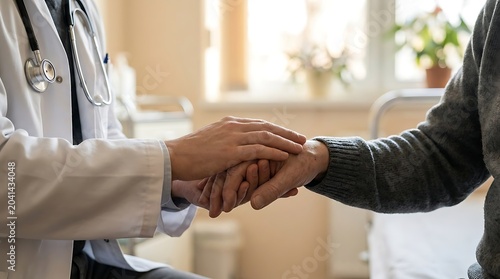 Doctor holding patient's hand for emotional support and comfort in clinic office with physician hospital clinical reassurance